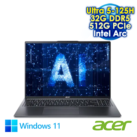 ACER Swift Go 16 SFG16-72-57WR 灰 16吋AI&Evo筆電 (3.2K OLED/Intel Ultra 5-125H/32G DDR5/512G PCIE SSD/Intel Arc/WIN 11)