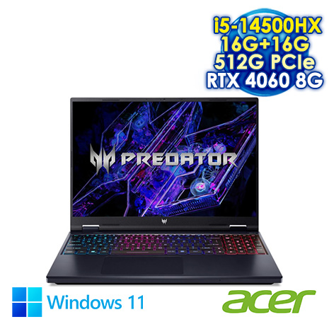 ACER Predator Helios Neo PHN16-72-504C 黑 16吋電競筆電 (WQXGA IPS 180Hz/Intel i5-14500HX/16G+16G DDR5/512G PCIE SSD/NVIDIA RTX 4060 8G/WIN 11)【記憶體升級特仕版】