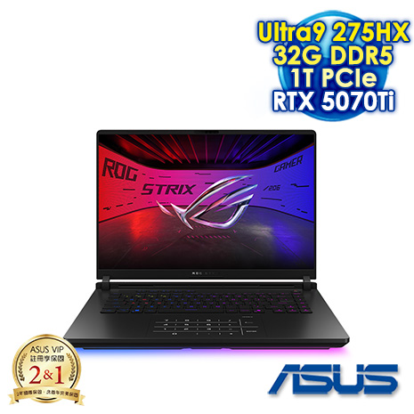 ASUS ROG Strix SCAR G16 G635LR-0031A275HX-NBLM 闇夜黑 16吋電競筆電 (2.5K Mini LED 240Hz/Ultra 9 275HX/32G DD