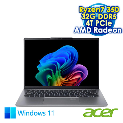 ACER Swift Go SFG14-64-R44M 銀 14吋AI筆電 (2.8K OLED/Ryzen AI 7 350/32G DDR5/4T PCIE SSD/WIN 11)【硬碟升級特仕版