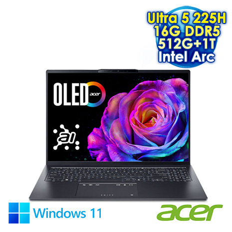 ACER Swift Go 16 SFG16-73-53U8 灰 16吋AI&EVO筆電 (2.8K OLED/Intel Ultra 5 225H/16G DDR5/512G+1T PCIE SSD/Intel Arc/WIN 11)【硬碟升級特仕版】