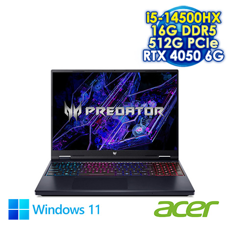 ACER Predator Helios Neo 16 PHN16-72-56UJ 黑 16吋電競筆電 (WUXGA IPS 180Hz/Intel i5-14500HX/16G DDR5/512G PCIE SSD/NVIDIA RTX 4050 6G/WIN 11)