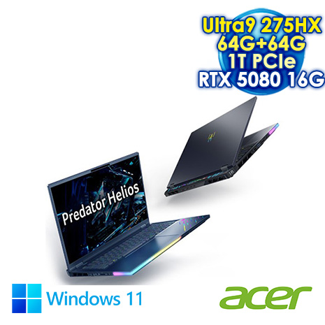 ACER Predator Helios PH18-73-97HJ 黑 18吋AI電競筆電 (WQXGA Mini LED 250Hz/Ultra9 275HX/64G+64G DDR5/1T PCIE SSD/NVIDIA RTX5080 16G/WIN 11)【記憶體升級特仕版】