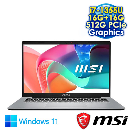 MSI Modern 14 F13MG-200TW 銀 14吋商用筆電 (FHD IPS/Intel i7-1355U/16G+16G DDR4/512G PCIE SSD/WIN 11)【記憶體升級特仕版】