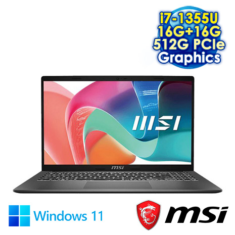 MSI Modern 15 F13MG-240TW 灰 15.6吋輕薄筆電 (FHD IPS/Intel Core i7-1355U/16G+16G DDR4/512G PCIE SSD/WIN 11)【記憶體升級特仕版】