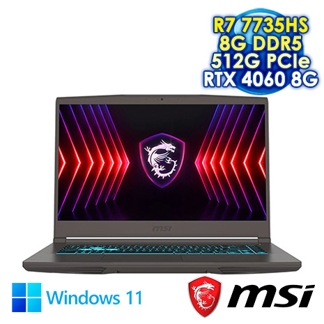 MSI Thin A15 B7VF-085TW 灰 15.6吋電競筆電 (FHD IPS 144Hz/AMD Ryzen 7 7735HS/8G DDR5/512G PCIE SSD/RTX4060 8G/WIN 11)