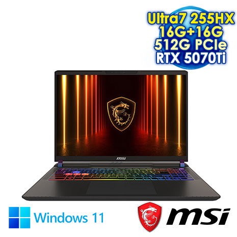 MSI Vector 16 HX AI A2XWHG-049TW 黑 16吋電競筆電 (FHD+ IPS 144Hz/Intel Ultra7 255HX/16G+16G DDR5/512G PCIE