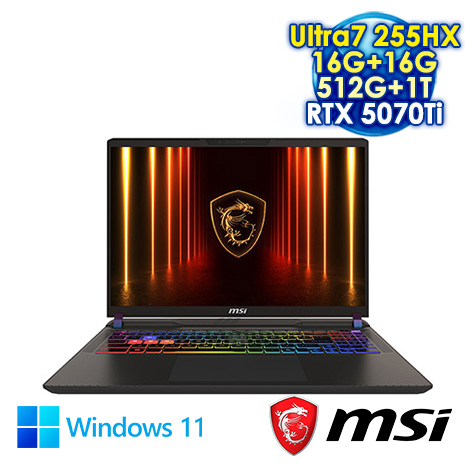 MSI Vector 16 HX AI A2XWHG-049TW 黑 16吋電競筆電 (FHD+ IPS 144Hz/Intel Ultra7 255HX/16G+16G DDR5/512G+1T P