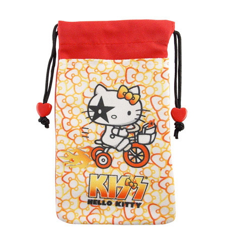 【KISS HELLO KITTY 】4.7吋通用繽紛雙層收納束口袋-蝴蝶結腳踏車